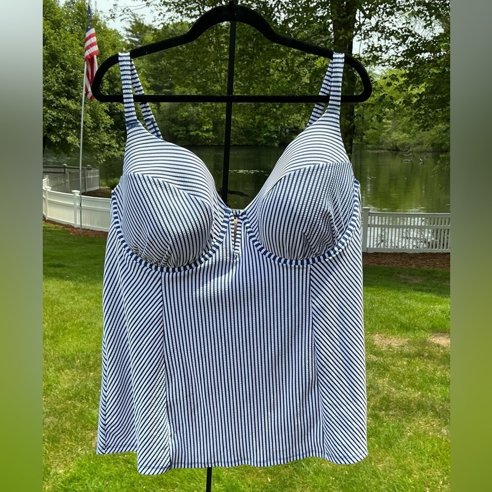 Lane Bryant 42F Rare Underwire Balconette Tankini Seersucker Stripe Swim Top